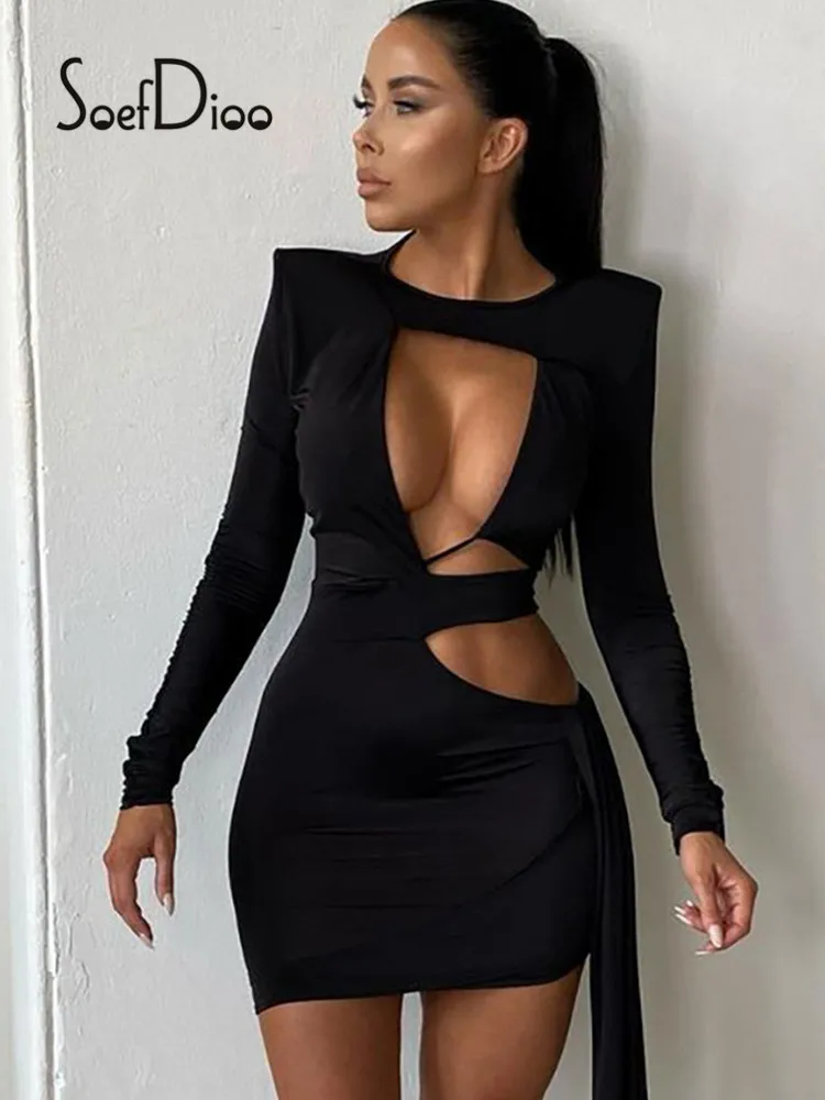 

Soefdioo O Neck Pile Up Sleeves Bodycon Mini Dress Women Sexy Hollow Out Tassel Party Dress Fall 2021 Elegant Night Club Wear