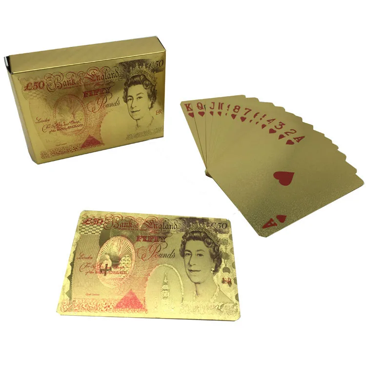 24k Gold Playing Cards Game Poker Card UK 50 Pounds &amp 500 Euro with Collection Wooden Box Drop Shipping | Дом и сад