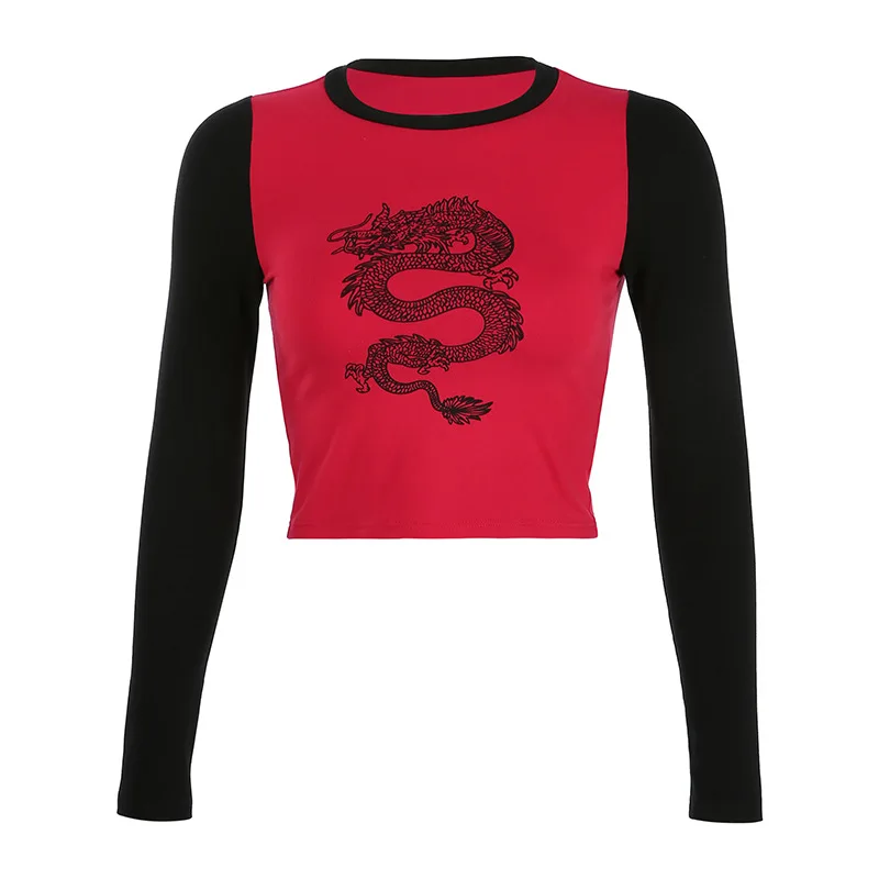 

Women's long-sleeved T-shirt 2021 new ins super hot short Chinese dragon printed long-sleeved T-shirt women's base top