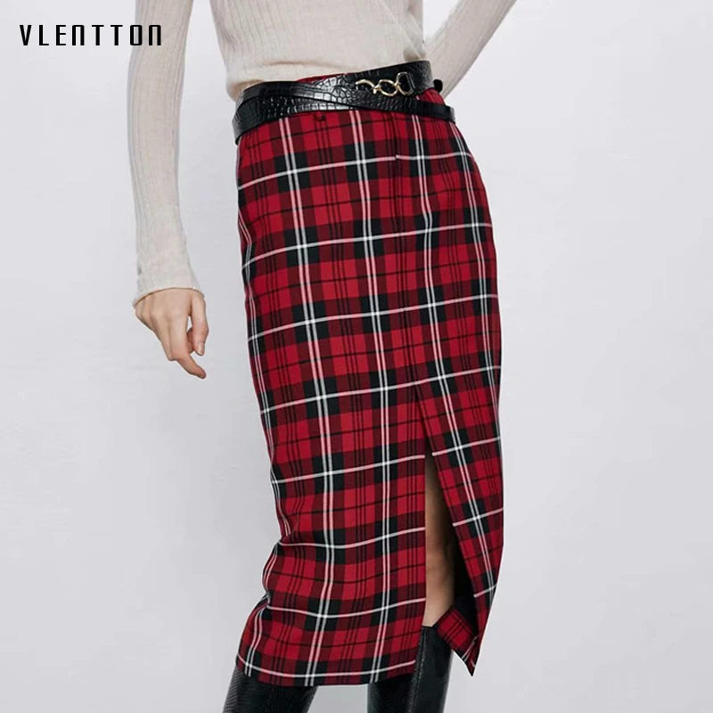 2020 весенне осенняя винтажная красная клетчатая юбка миди женская сексуальная