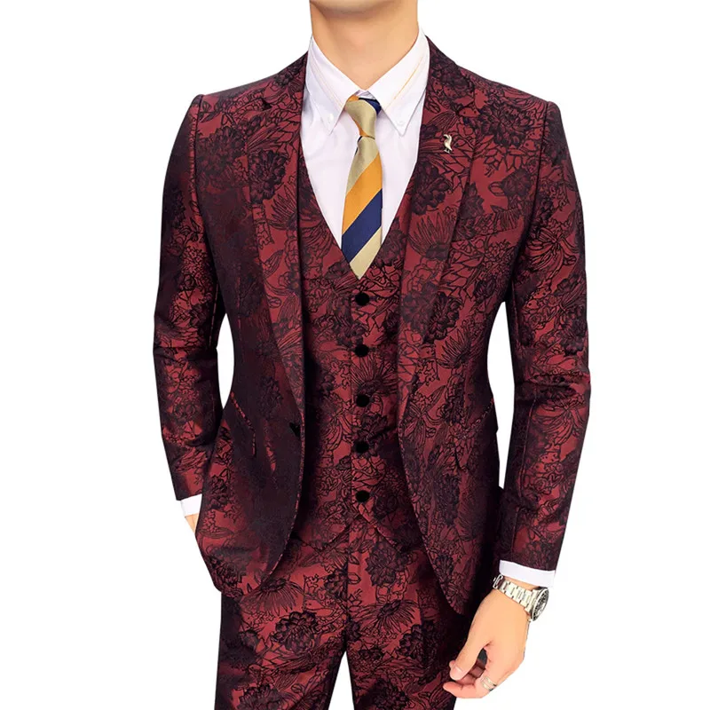

Men's Suit British Style Fashion Floral Print Slim Blazer Coat Groom Wedding Dress 3 Piece Set Jacket Pants Vest Trousers