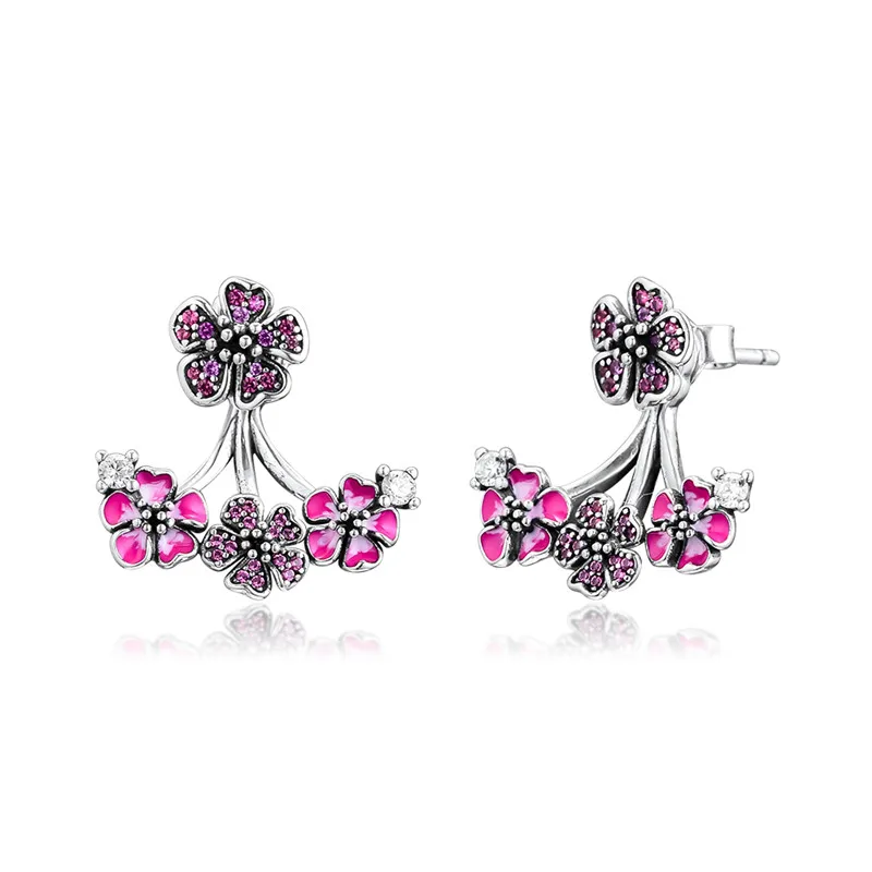 

Peach Blossom Flowers Earrings for Women Mixed Pink Color 925 Sterling Silver Earrings Jewelry Push Back Female Earrings Gifts