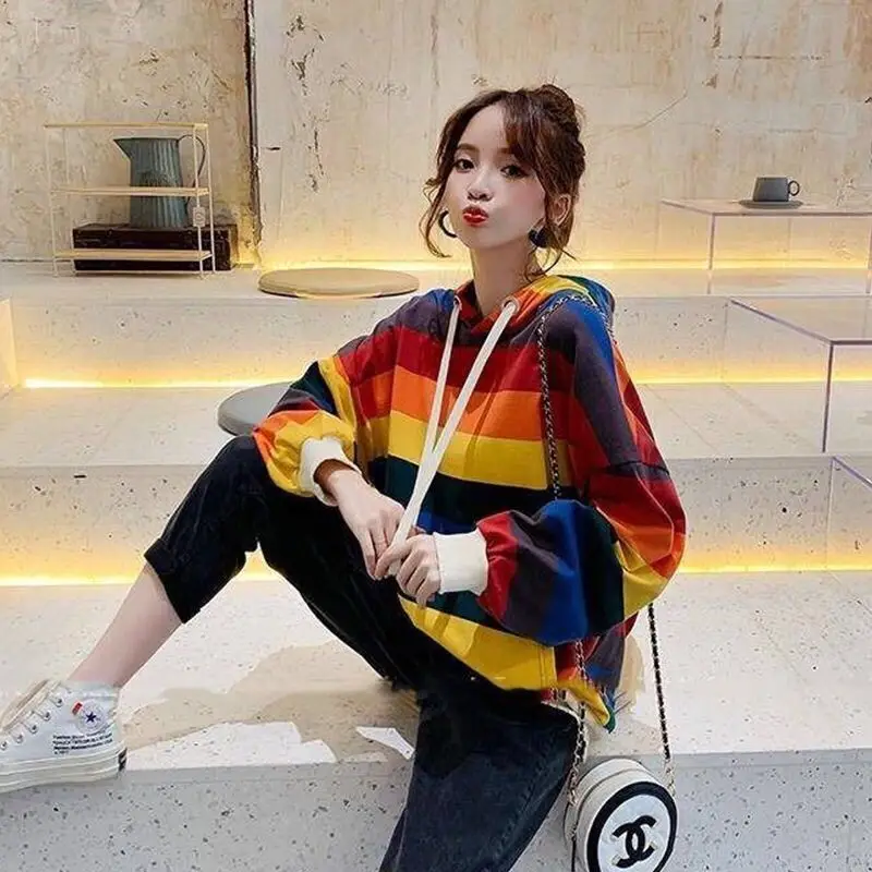 

Net red color striped hooded sweater women's thin 2021 new Korean autumn and winter long sleeve loose coat