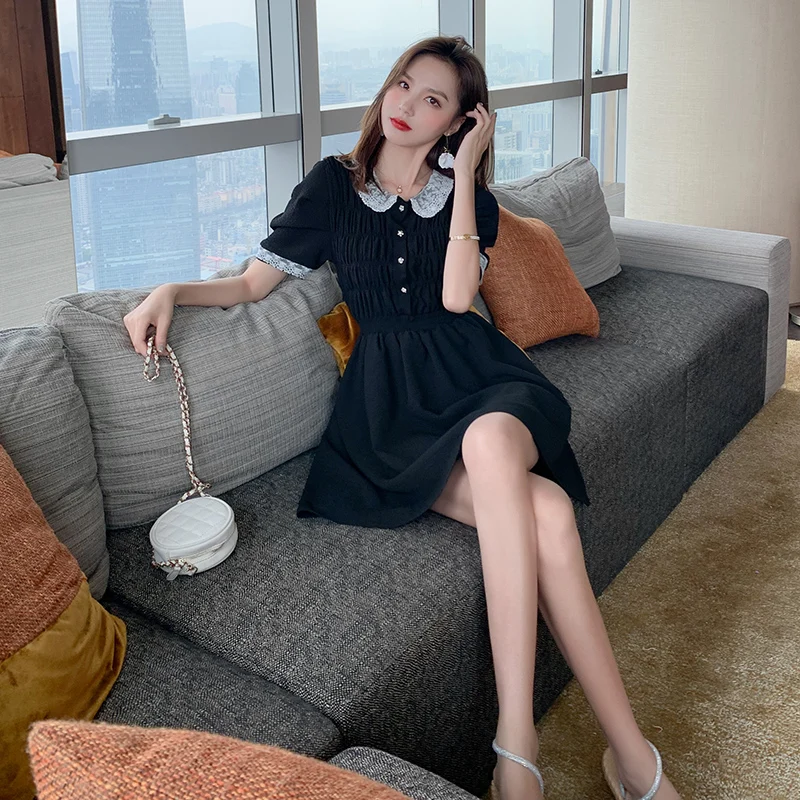 Черное платье Новинка лета 2020 маленькая кукольная юбка трапеция с высокой талией