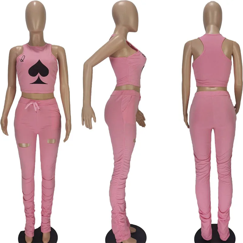 

ZOOEFFBB Sexy Print Women Summer Clothes Two Piece Set Crop Top Hole Stacked Leggings Pants Matching Sets Club Birthday Outfits