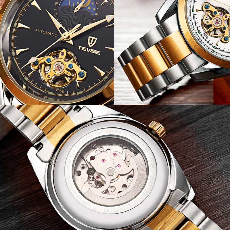 TEVISE Мужские механические часы Moon Phase автоматические из нержавеющей стали мужские