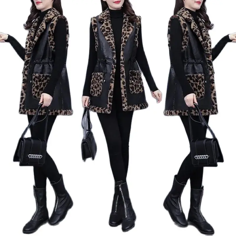 

Winter New High-End Add Fleece Vest Fashion Leopard Pattern Skin Hair One Body Mid-Length Ladies Jacket Loose Warm Ladies Vest
