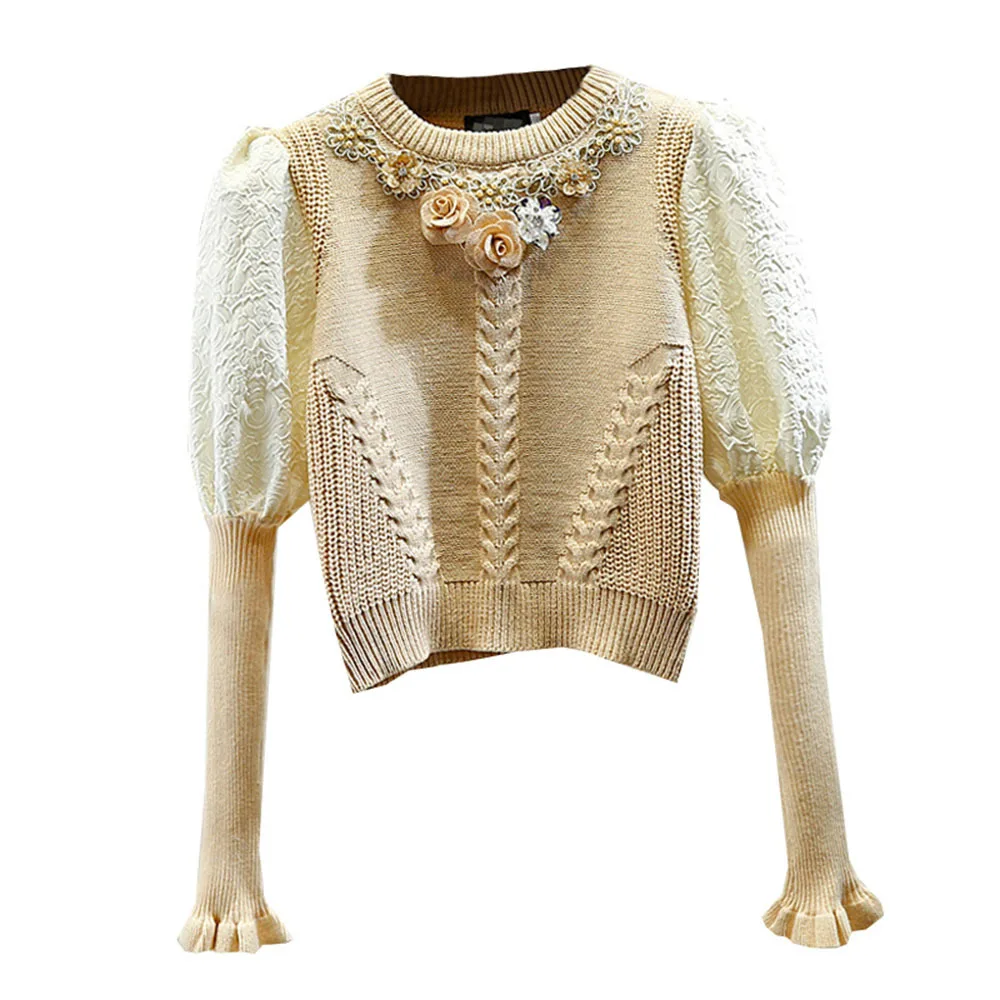 Укороченный джемпер для женщин новый вязаный свитер с бусинами кристаллами и