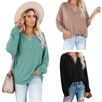 womens olid color v neck t shirt loose and comfortable casual top long sleeved pullover fashion sweater spring and autumn