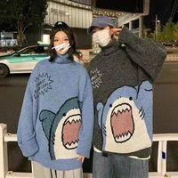 2021 autumn and winter trend loose fitting couple sweater sweater high collar backing sweater shark picture one piece