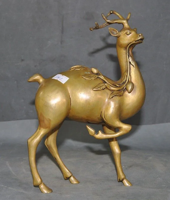 

christmas 10" Old China Chinese bronze Feng Shui auspicious peach Sika deer animal statue halloween