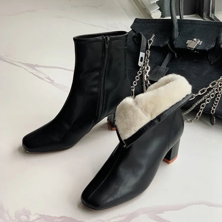 

Autumn and winter 2020 thick fur lining single boots Korean leather side zipper high thick heel thin boots women's pure wool