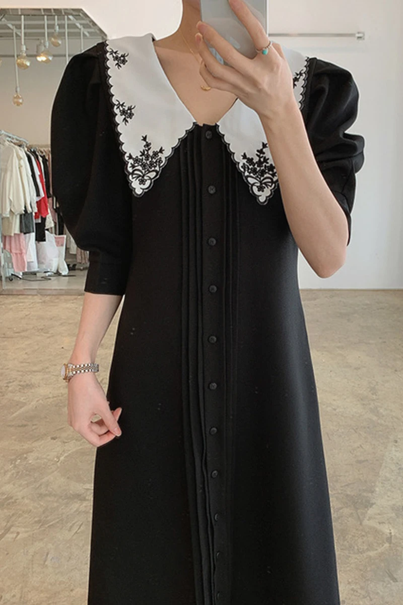 

ZCSMLL Vintage Pattern Embroidered Vestido Wave Edge Lapel Single-breasted Loose Long Puff Sleeve Dress 2021 Spring Summer