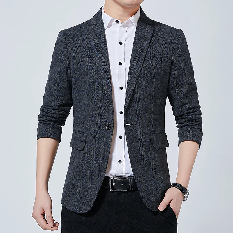 Куртка мужская повседневная клетчатая однобортный пиджак с отложным воротником