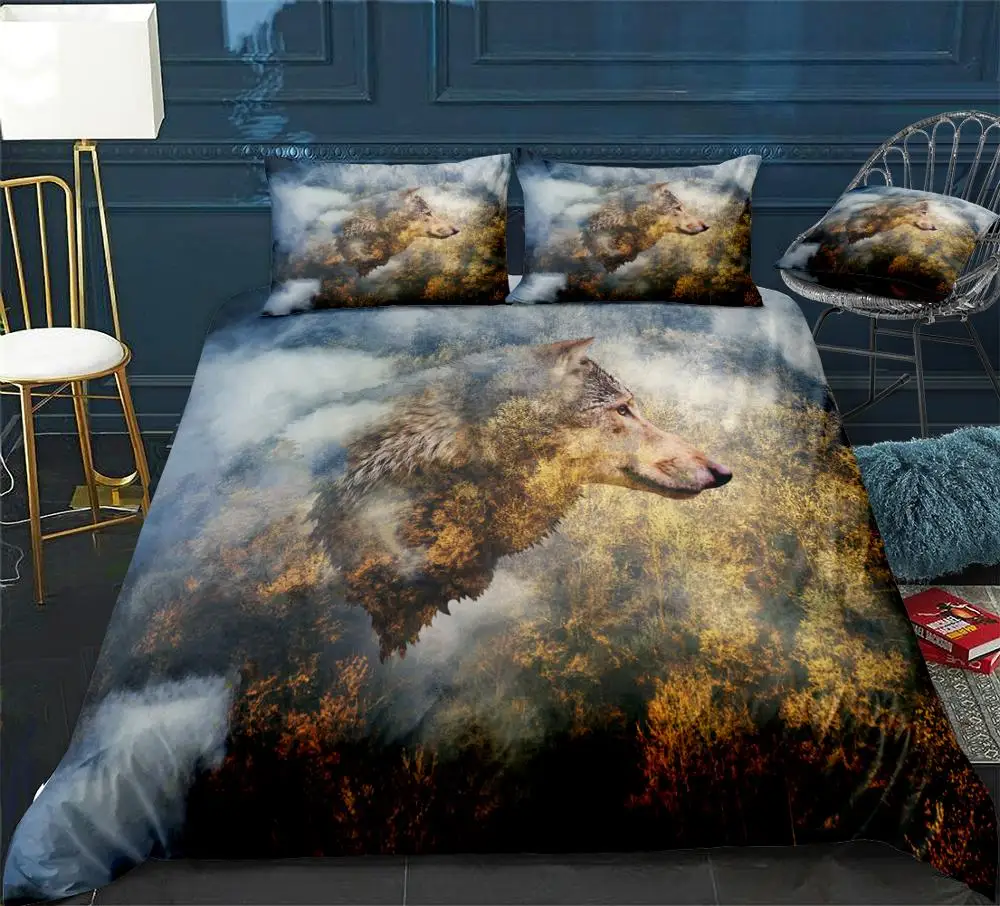 

3D Wolf Duvet Cover Set Autumn Forest Bedding Wild Animal Quilt Cover Queen Home Textiles Wolf Bed Set 3pcs King Dropship