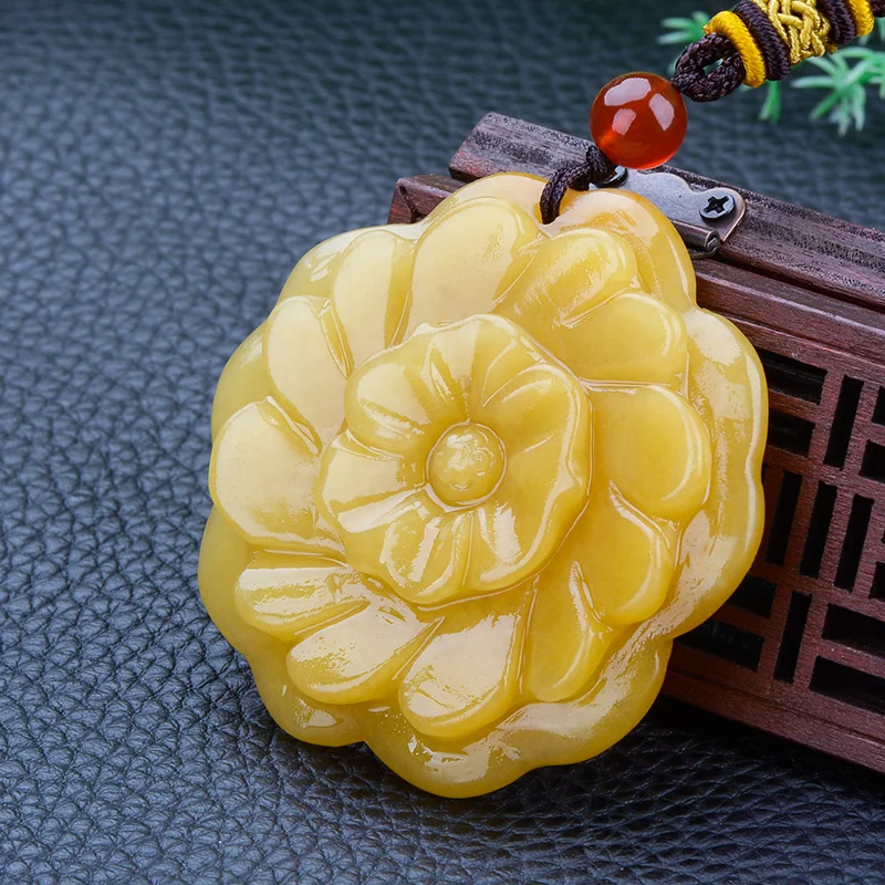 

Natural yellow jade pendant hollow hand-carved flower jade pendants brand men women jadeite jade jewelry jade necklace women