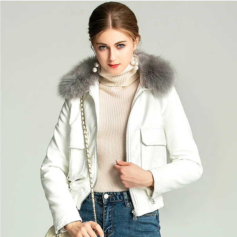 

New Faux Leather Pu Thickened Short Coat Female Winter Temperament Artificial Fox Fur Collar Clip Cotton Jacket Moto Locomotive