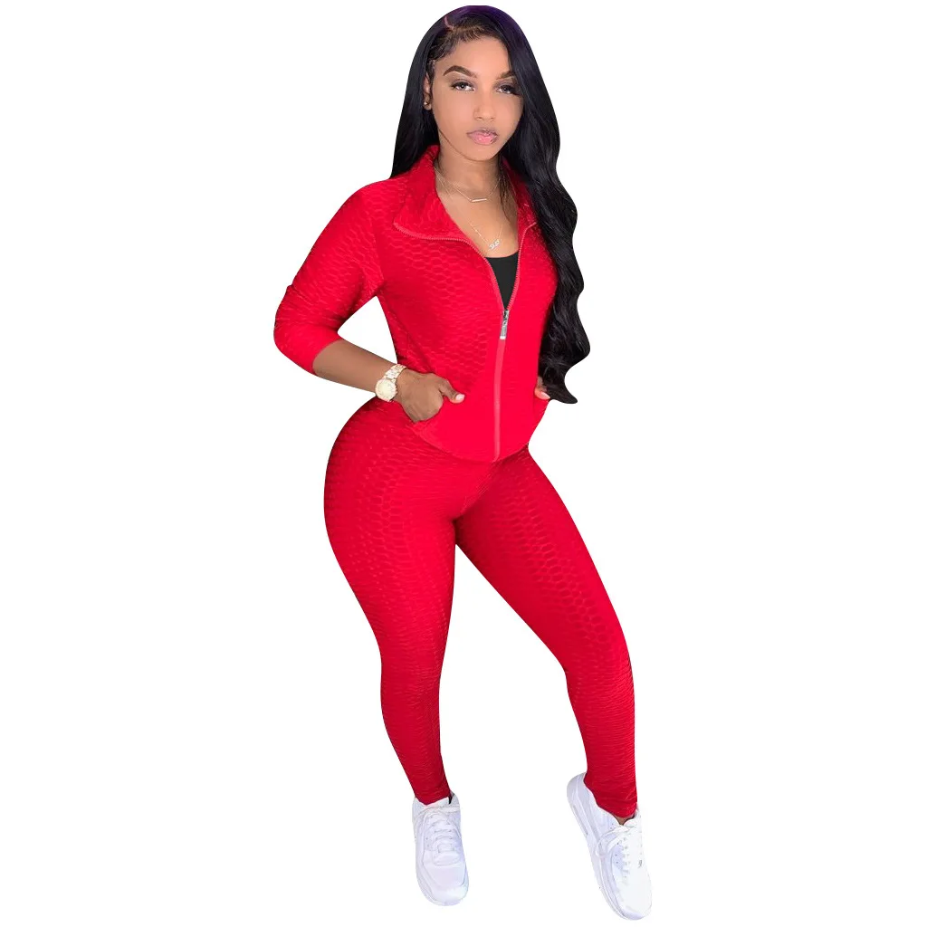 

2 Piece Set Women Tracksuits Solid Long Sleeve Top Pants Zipper High Waist Lounge Wear Two Piece Suit Outfits Casual Sportwear