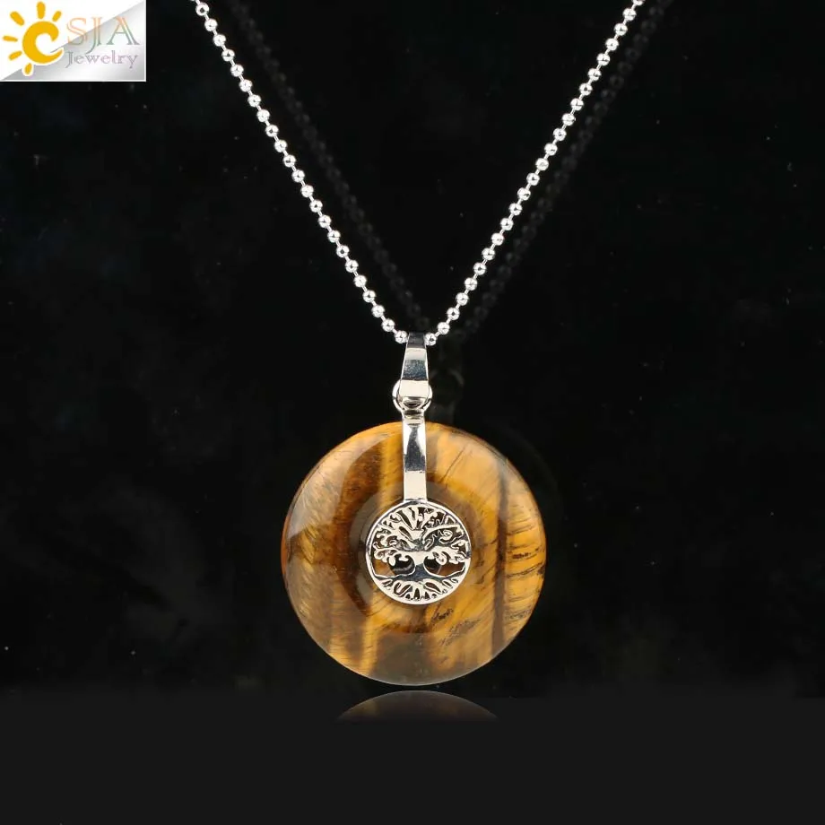 Tiger Eye Chain Csja Древо жизни Подвески натуральный кристалл полый круглый камень «reiki» энергии мудрость деревья Для женщин Для мужчин Подвески Ожерелья G146 - Окраска металла: Tiger Eye Chain
