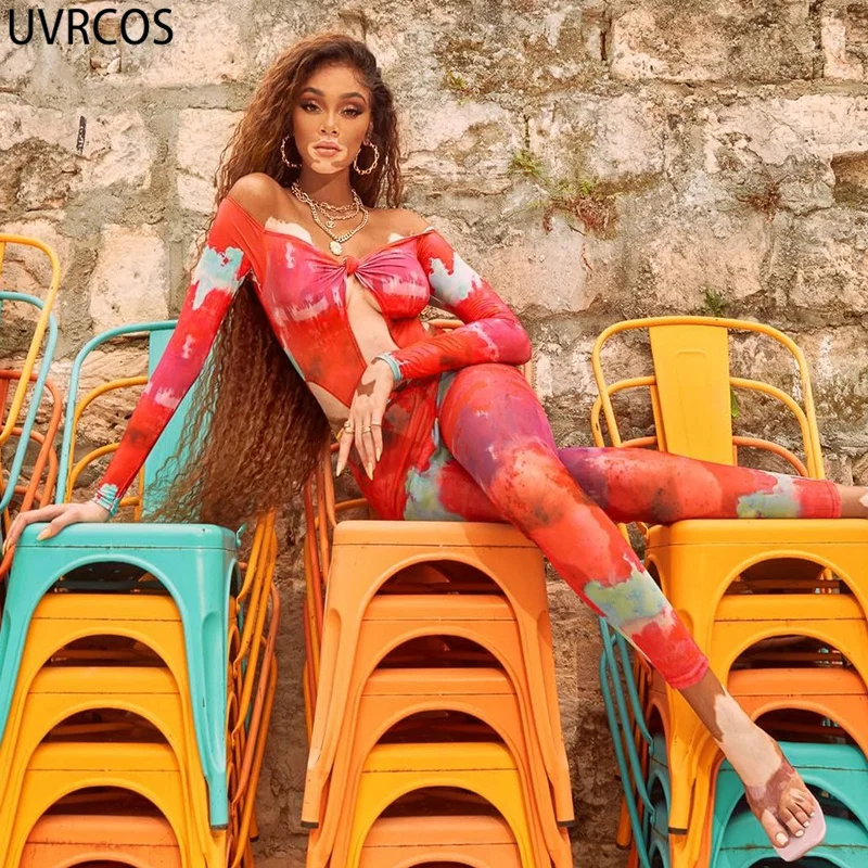 UVRCOS Women Clothing 2021 Two-piece Suits Mesh Tie Dye Print Chest Sexy Cleavage Single Button Bodysuit+Mid Waist Pencil Pants |