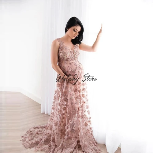 2021 красивое Тюлевое платье для беременных женщин с 3D цветочными бусинами и