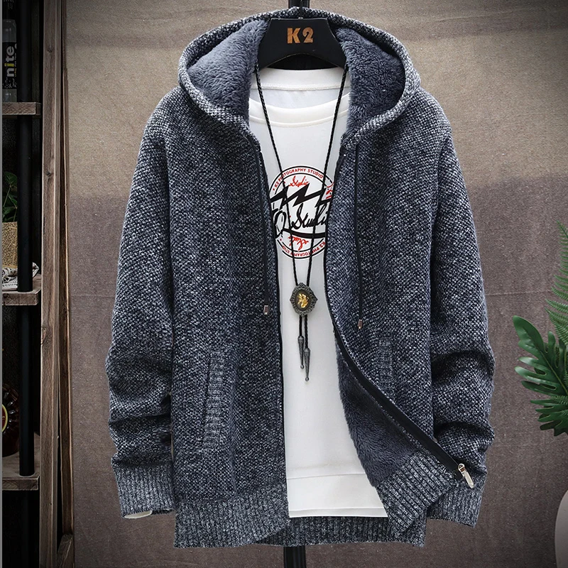 Мужской теплый кардиган с капюшоном толстый джемпер в полоску шерстяной