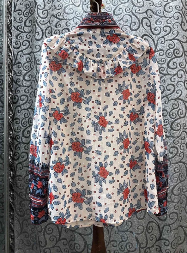 

High Quality Designer Blouse Shirt 2020 Spring Summer Casual Shirts Women Bow Collar Vintage Flower Print Long Sleeve Tops Shirt