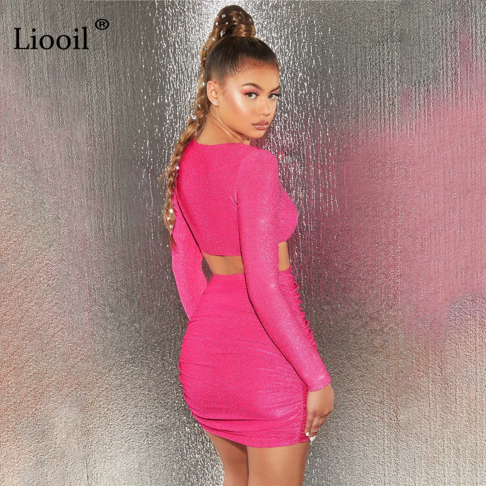 Liooil, яркое шелковое облегающее мини-платье с рюшами, Женская Сексуальная Клубная одежда, с длинным рукавом, с круглым вырезом, облегающее, для ночного клуба, вечерние платья