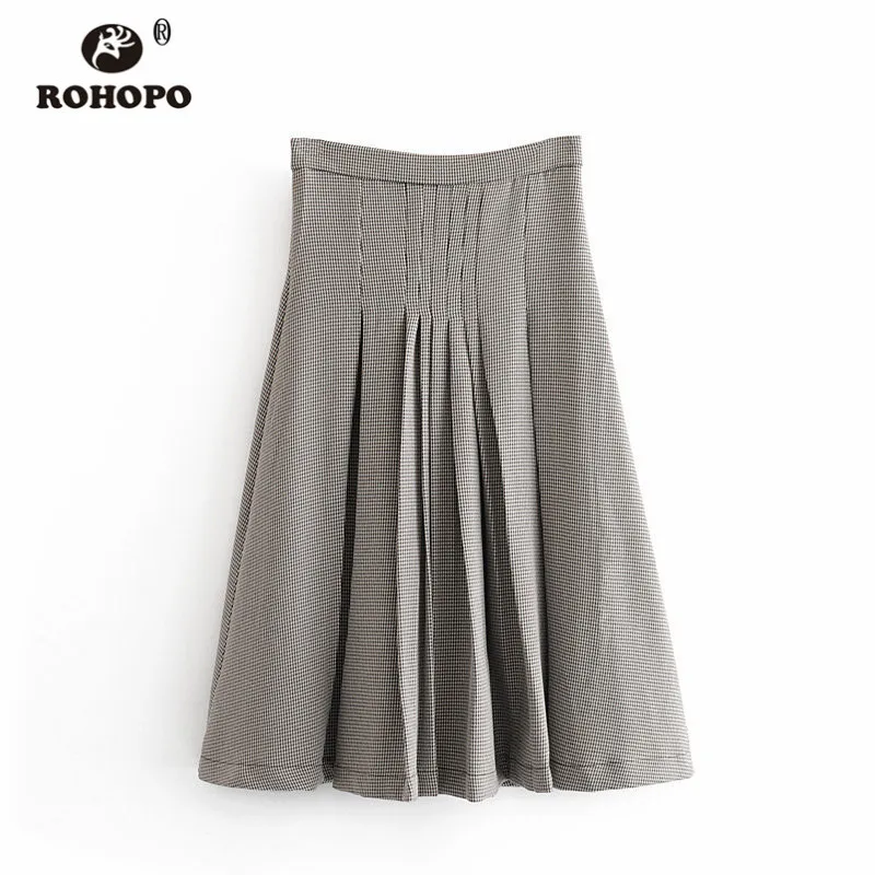 ROHOPO Высокая талия застежка-молния сбоку расклешенный подол твид гусиная лапка