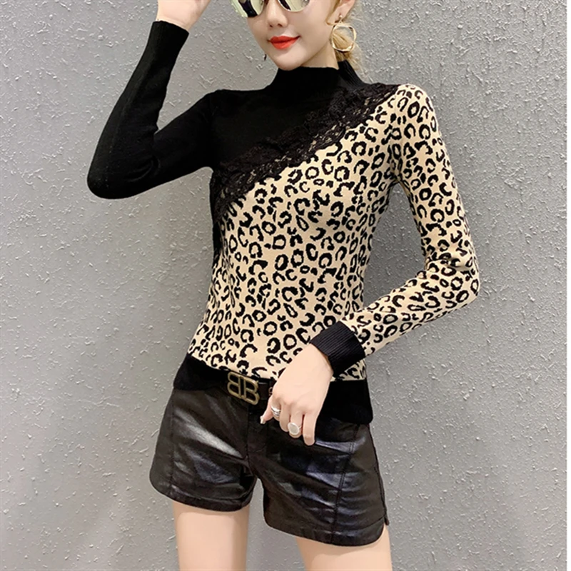 Long Sleeve Leopard Knit Sweater Women Autumn Winter Fashion Ol Lace Patchwork Turtleneck Pullover Tops Ladies Sweaters 2019 | Женская