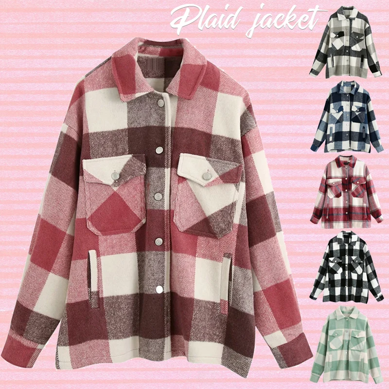 

Куртка женская в клетку оверсайз, свободного кроя с клетчатыми карманами и длинным рукавом, теплая Повседневная Верхняя одежда