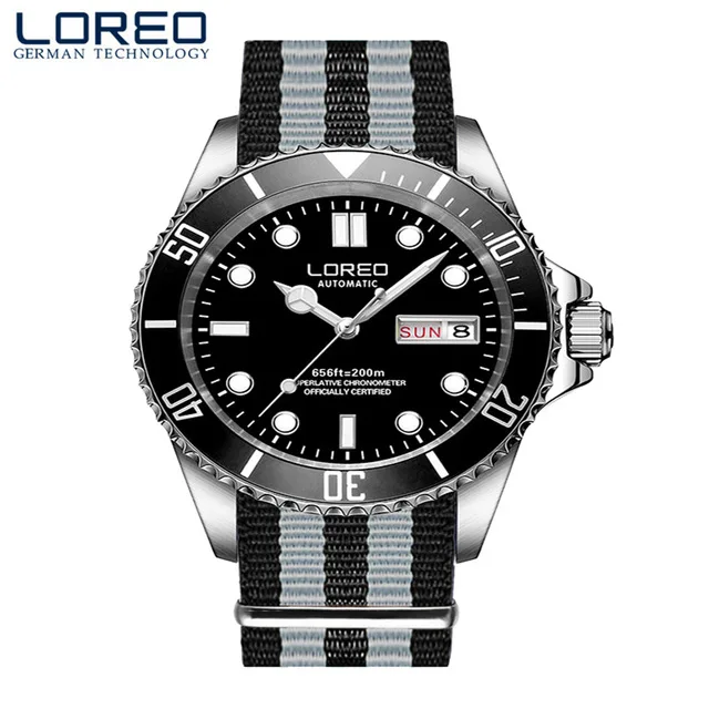Nylon band 2 200 м водонепроницаемые автоматические спортивные часы LOREO мужские часы лучший бренд класса люкс сапфировый Календарь Неделя светящийся полный стальной ныряющий часы - Цвет: Nylon band 2