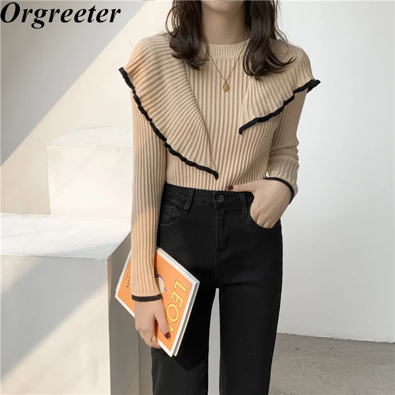 

Basic Bottoming Knit Sweater 2020 Autumn New Ruffles Pullovers Tops Long Sleeve Knitted Patchwork Hit color Sweaters
