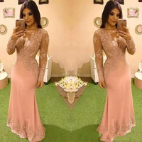 pink evening dress woman wear sexy v neck lace appliques crystal beads mermaid long sleeves formal party dress prom gowns