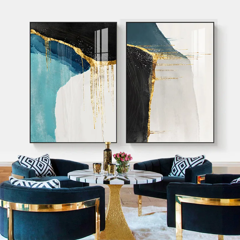 

Nordic Golden foil lines abstract Poster Art Plant Canvas Painting Modern blue Decoration Wall Picture for Living Room Decor