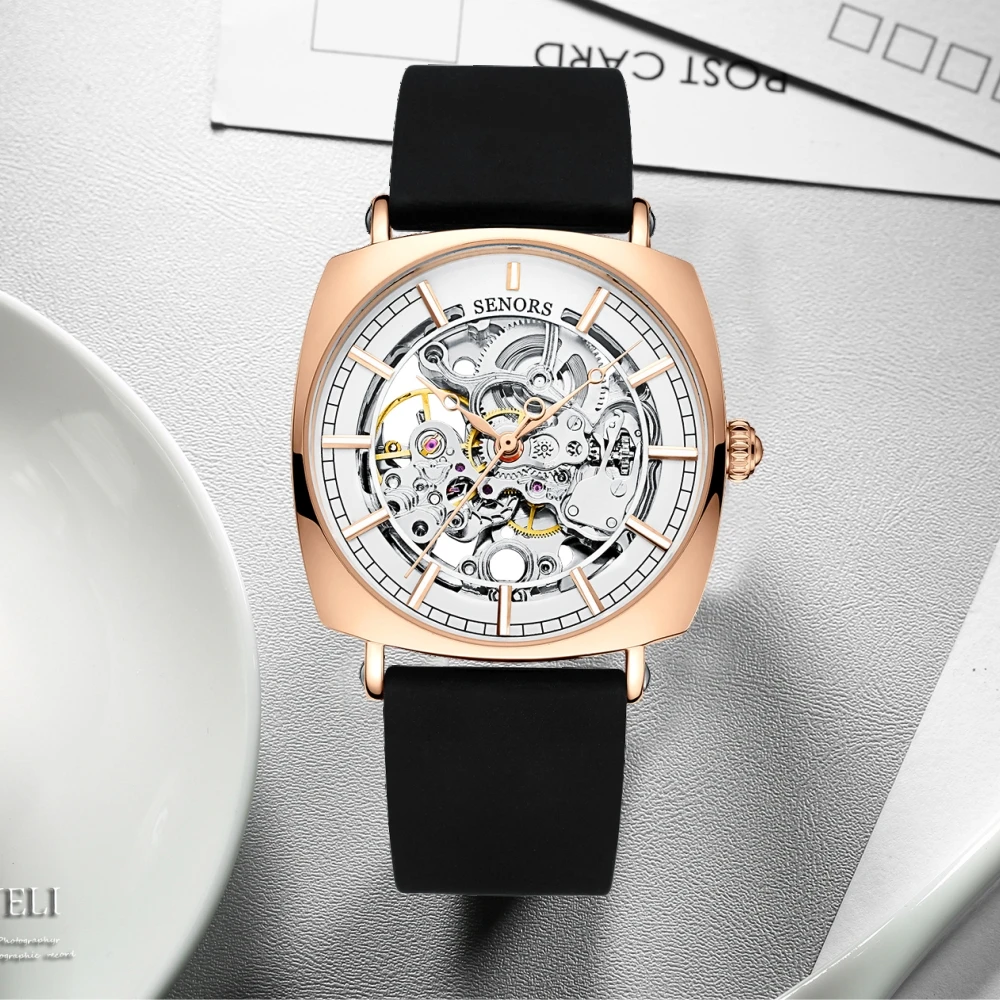 SENORS Новый Для мужчин часы циферблат Скелетон квадратные Водонепроницаемый