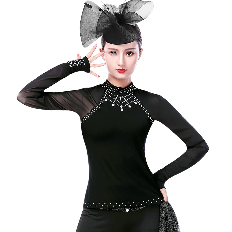 

Large Size Latin Dance Tops Women Rhinestone Long Sleeve Dance Clothes High Collar Ballroom Dance Shirt Practice Clothes DWY3219