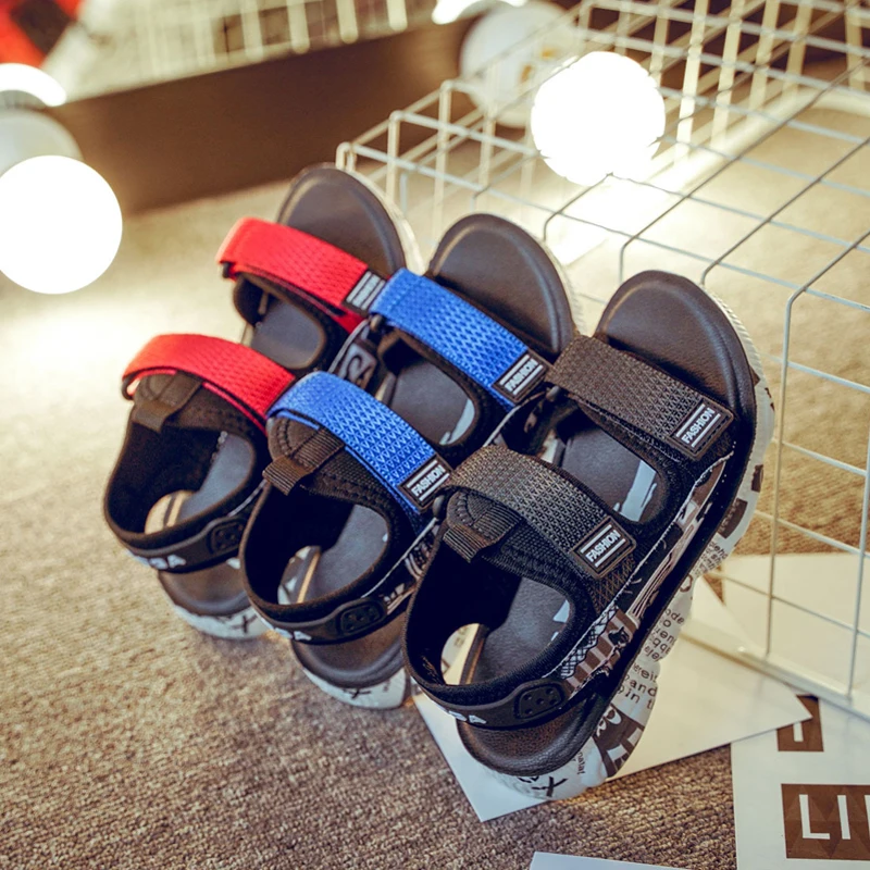 

Brand Boys Sandals New Fashion Open Toe Double Velcro Beach Sandals Slippers For Kids Boys Anti-slip Summer Shoes Big Size 23-40
