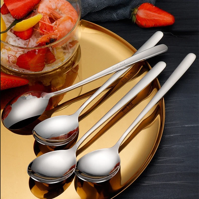 

4pcs/Lot Thickened Spoon With Long Handle 304 Stainless Steel Tableware Coffee Watermelon Spoon Dessert Serving Spoon