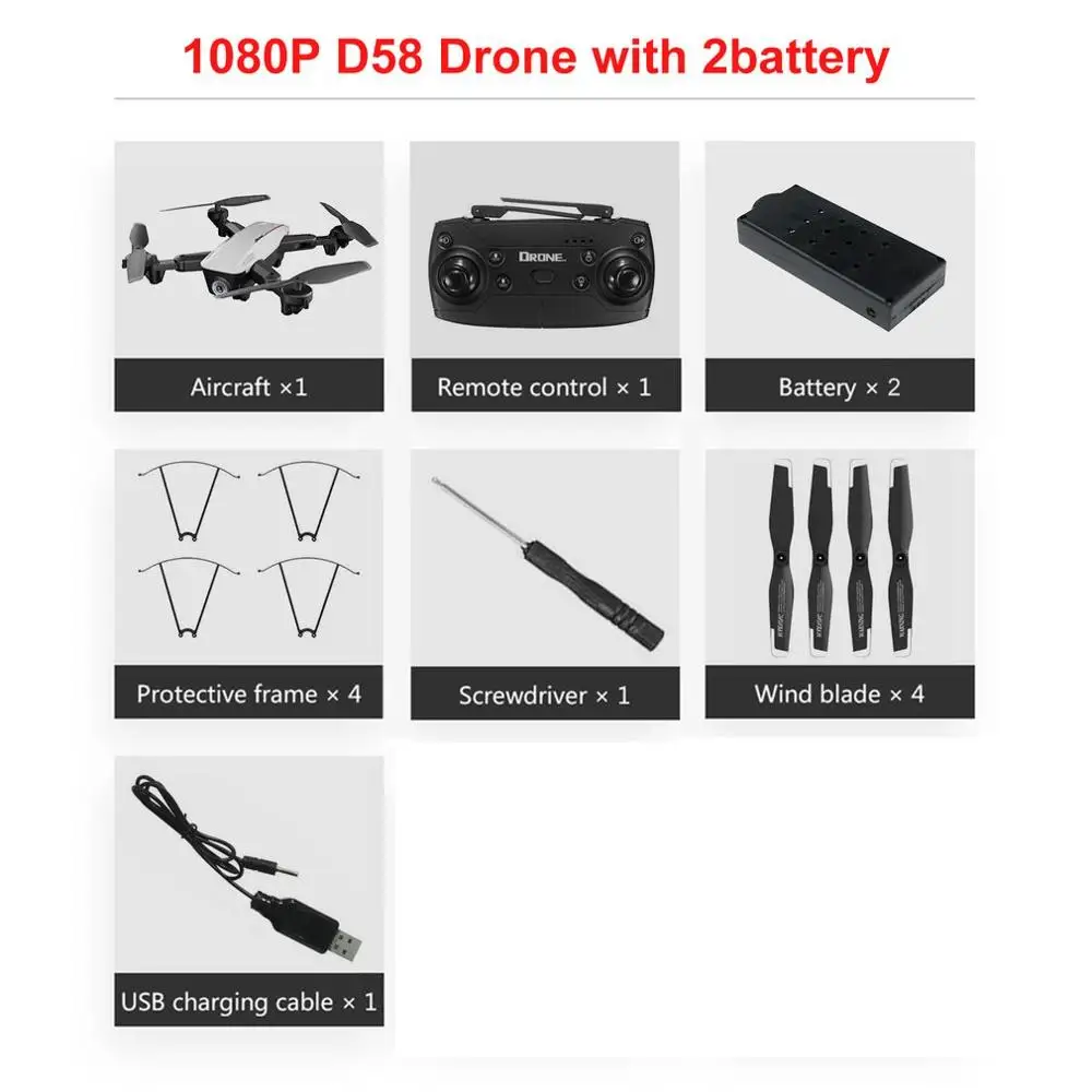 White-2 Battery D58 складной Радиоуправляемый Дрон с камерой 1080 P, фото видео, оптическое положение потока, вертолет, самолет - Цвет: White-2 Battery