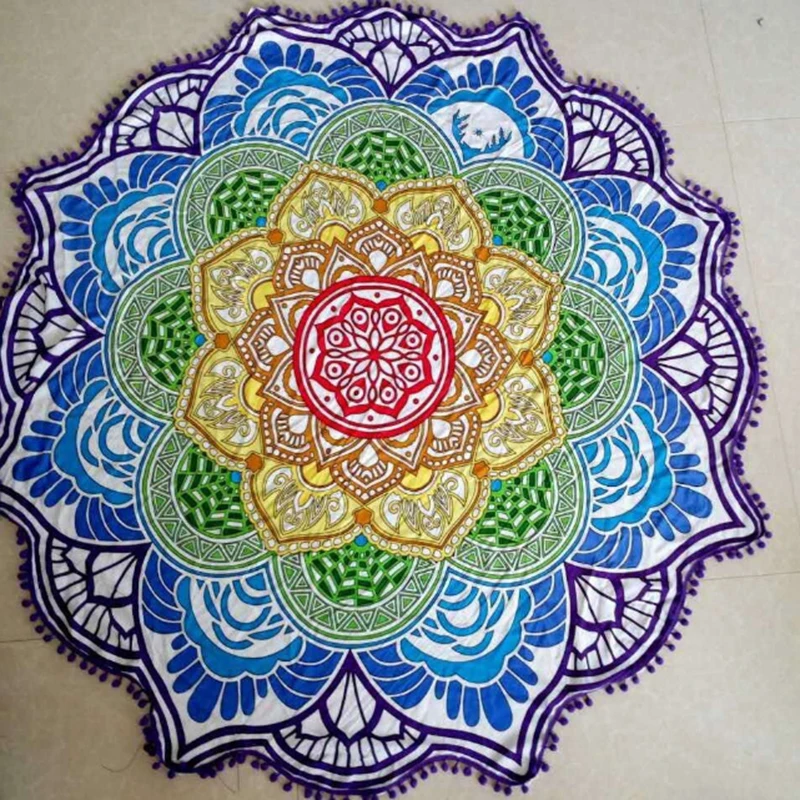 WomenSoft Sunbath Round Beach Towels Sun bath Bohemian Style Print Ball Tassel Blanket Yoga Mat Dress Bath Towel | Дом и сад
