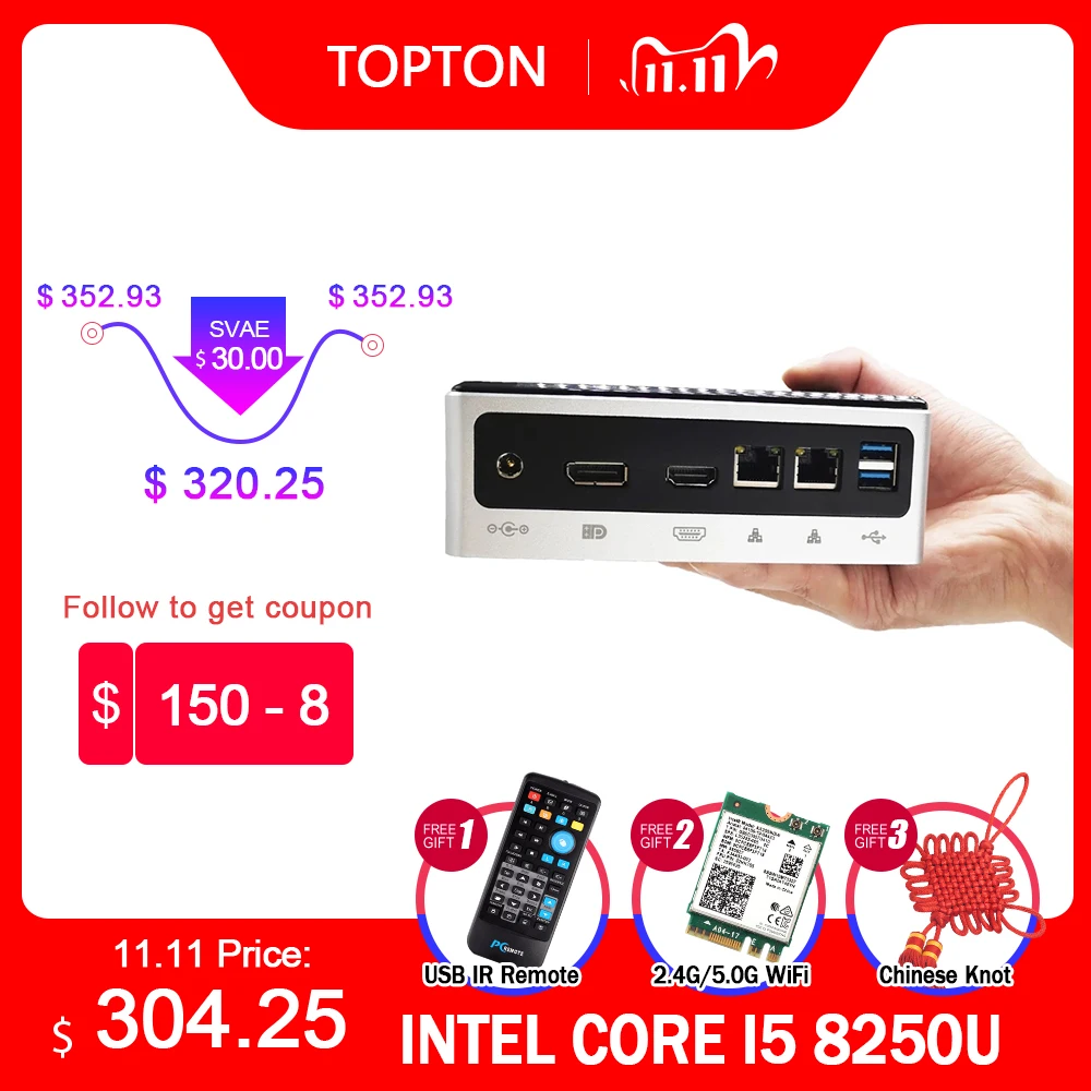 Мини компьютер TOPTON 10 го поколения Intel i7 10510U 4 Core 2 * DDR4 M.2 SSD LANs 4K HTPC Windows Linux 8 USB C HDMI DP