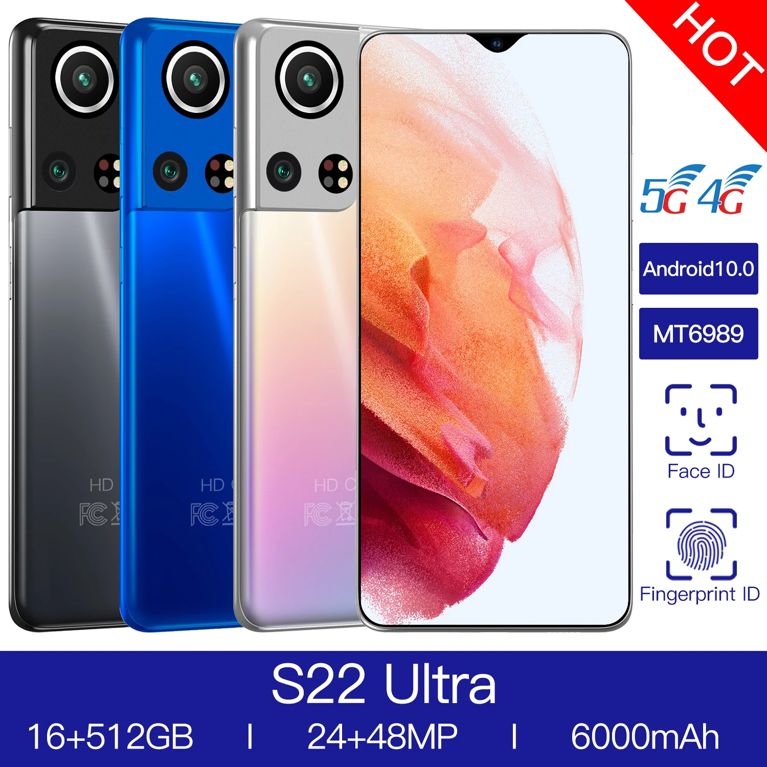 

2021 New Arrival S22Uitra 6.7 Inch 10 Core Smartphone 1440*3200 16GB+512GB 24MP+48MP 2400Amh Andriod 11 Cell Phone