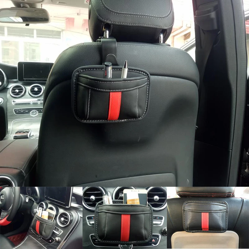 

2pcs/Set Car Storage Bag Box Paste Seat Clip Storage Bag Multi-Function Car Organizer Mobile Phone PU Hanging Bag Car Accessorie