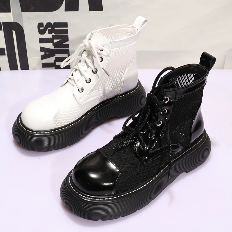 

Autumn New Woman Military Boots Girls Mesh Ankle Shoes Women Platform Flats Ladies Round Toe Boots Female Brand Motorcycle Boots