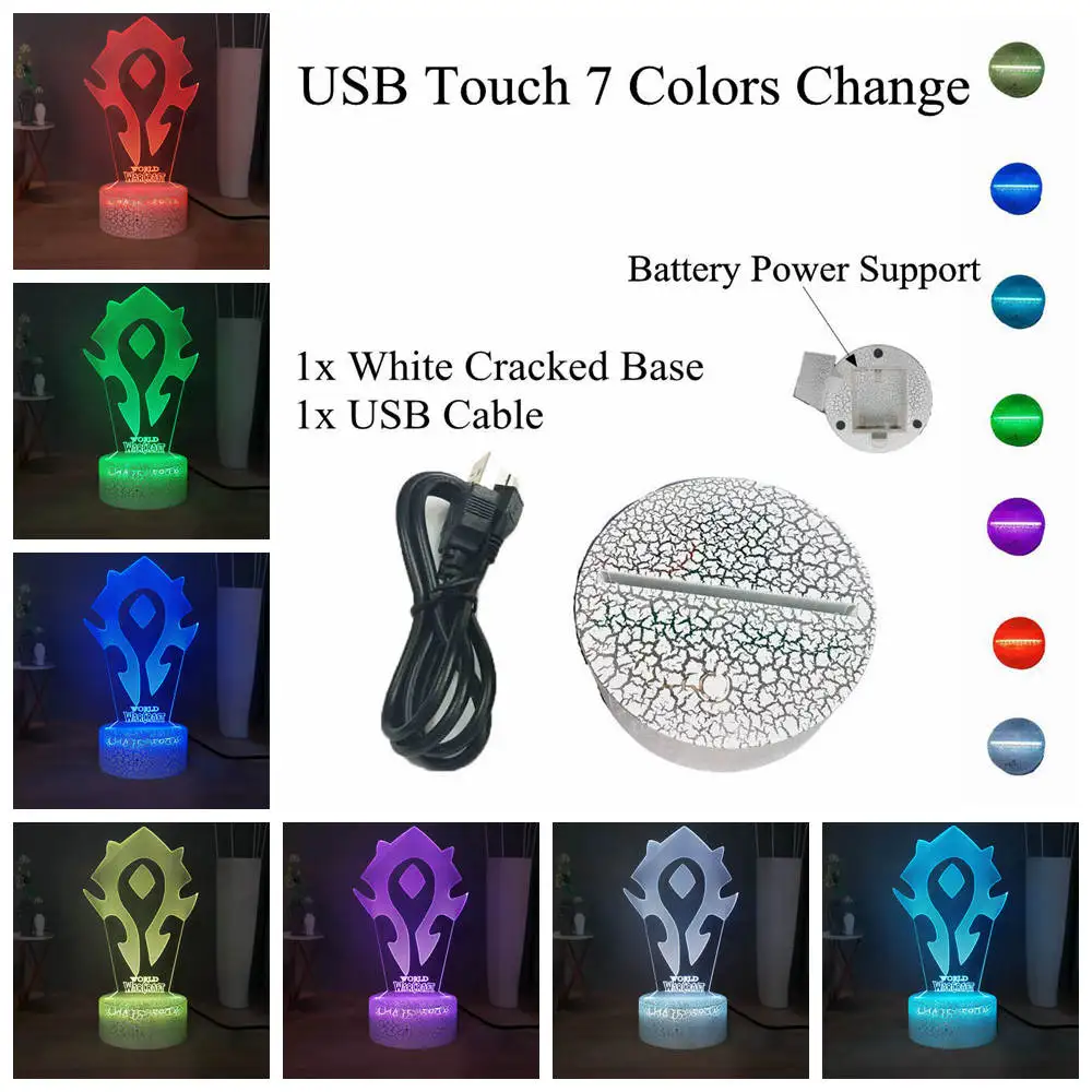 W-USB Touch 7 colors WOW 3D визуальная Таблица лампа World of Warcraft символика Орды RGB 7 красочная USB мини лампа светодиодный ночник лампа для праздника - Испускаемый цвет: W-USB Touch 7 colors