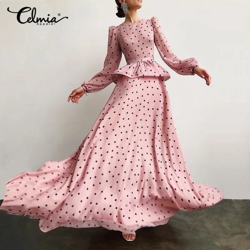 

Celmia Women Elegant Party Dress 2021 Bohemian Polka Dot Puff Sleeve Ruffles Layer Maxi Sundress Fashion Casual Vestidos Robe