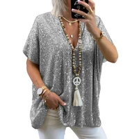 elegant women sexy v neck tops bling bling sequins t shirt short sleeve pullover loose casual shirts female ladies streetwear