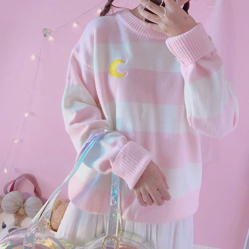 Japanese Cute Girls knit Sweater Women Kawaii Moon Embroidery Stripes Purple Knitted Pullovers Winter Preppy Style Jumper Tops | Женская
