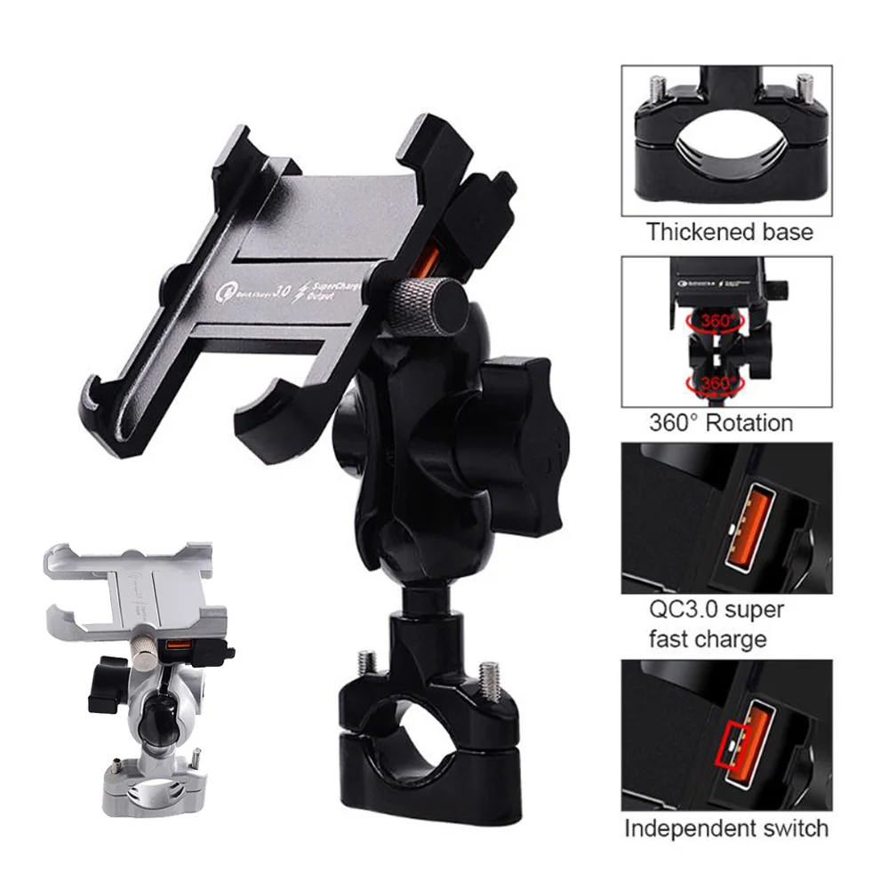 

1 Set Motorcycle Mobile Phone Holder Mount w/ QC 3.0 USB Fast Charger Handlebar Stand in 16.2x8.2x6.4 cm